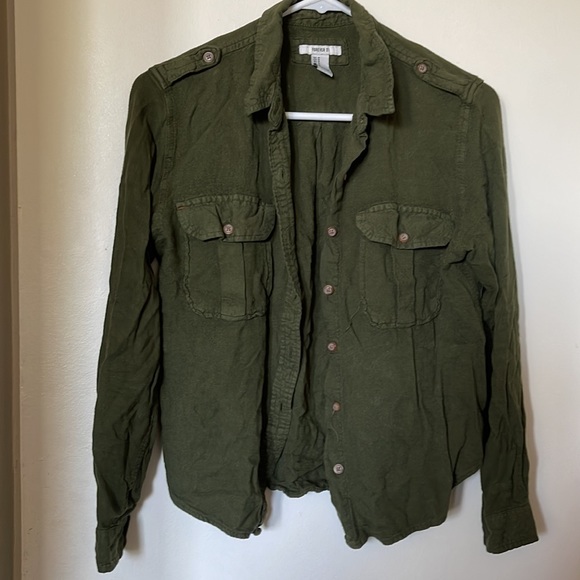 Forever 21 olive green, long sleeve button-up shirt. - Picture 2 of 5